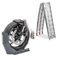 Set: aluminium loading ramp max. 750 lbs folding for scooter quad ATV + Wheel Chock Easy-Fix Front Stand up to 21 Inch grey