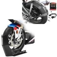 Set: Hinterrad und Lenker Zurrgurt mit 4x Ratschen-Spanngurten Set + Transportständer Easy-Fix Motorradwippe bis 21 Zoll schwarz-matt_1