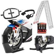 Set: Motorcycle front wheel chock Easy Fix + ratchet straps hooks + tie down straps ConStands black-red + Motorcycle aluminium loading ramp CS1 set wheel chock Easy Plus folding max 750 lbs