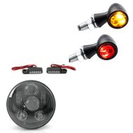 ,Set of LED headlights 5.75" + LED handlebar indicators M2 with E-mark,, tinted + LED indicators with rear and brake light,, tinted,