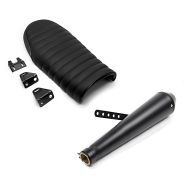 Set: Exhaust Muffler Cone Rear Silencer Caferacer universal + Seat for Cafe Racer or Scrambler Rebuilding Flat 