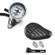 Set: Bobber Schwingsattel DC mit Federn für Chopper + Tachometer Universal CMS Tacho chrom_1
