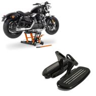 Set: Passenger Floorboards compatible with Harley Davidson Touring 93-24 Footboards Craftride CF2 with brackets black + Motorbike Scissor Lift ConStands Mid-lift L Hydraulic Jack for Chopper 680kg in orange