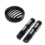 Set: Motorbike Headlight Grill Cover Craftride fits for Harley Davidson Sportster 04-20 in black + Footpegs Driver-Passenger fits for Harley Davidson Craftride FP5 black