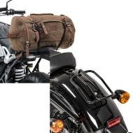 Set: Hecktasche Vintage 35L Canvas Rucksack Gepäckrolle braun + Gepäckträger für Harley Sportster 04-20 Solo Rack schwarz_1