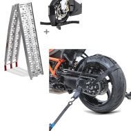 Set: Motorcycle aluminium loading ramp CS1 set wheel chock Easy Plus folding max 750 lbs + Motorcycle Rear wheel tie-down strap set with 4x ratchet tension belt black