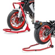 Set: Front Head Lift Paddock Stand V5 compatible with Yamaha FZR 1000 87-95 red + Motorcycle paddock stand rear ConStands Classic Universal red