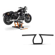 Set: Motorbike Scissor Lift ConStands Mid-lift L Hydraulic Jack for Chopper 680kg in orange + Handlebar Ape Z-Bar 1" compatible with Harley Davidson black Craftride