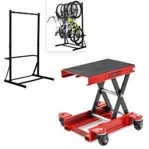 Set: Freestanding bicycle stand for 5 bicycles StahlRI98 + lifting platform maneuvering aid HR1 red