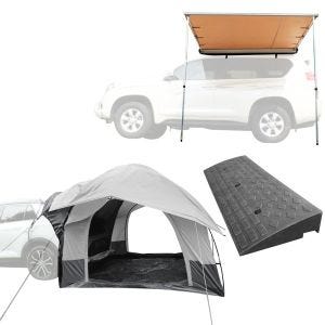 Rear tent car 1-2 persons ME64 grey + Curb ramp BR22 39.37 inch + Awning for car / SUV / off-road vehicle 4.59 ft x 6.56 ft Vanit AM13 beige