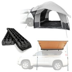 Off Road Recovery Tracks Tred BB1 black + Rear tent car 1-2 persons ME64 grey + Awning for car 4.59 ft x 6.56 ft  Vanit AM13 beige